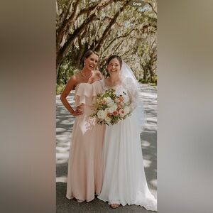 Lulu’s blush colored strapless maxi dress.